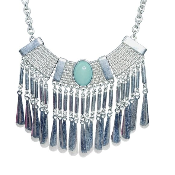Silver Tone Statement Necklace W/Blue/Green Cabochon And Dangling Fringe (5533) - Picture 2 of 6